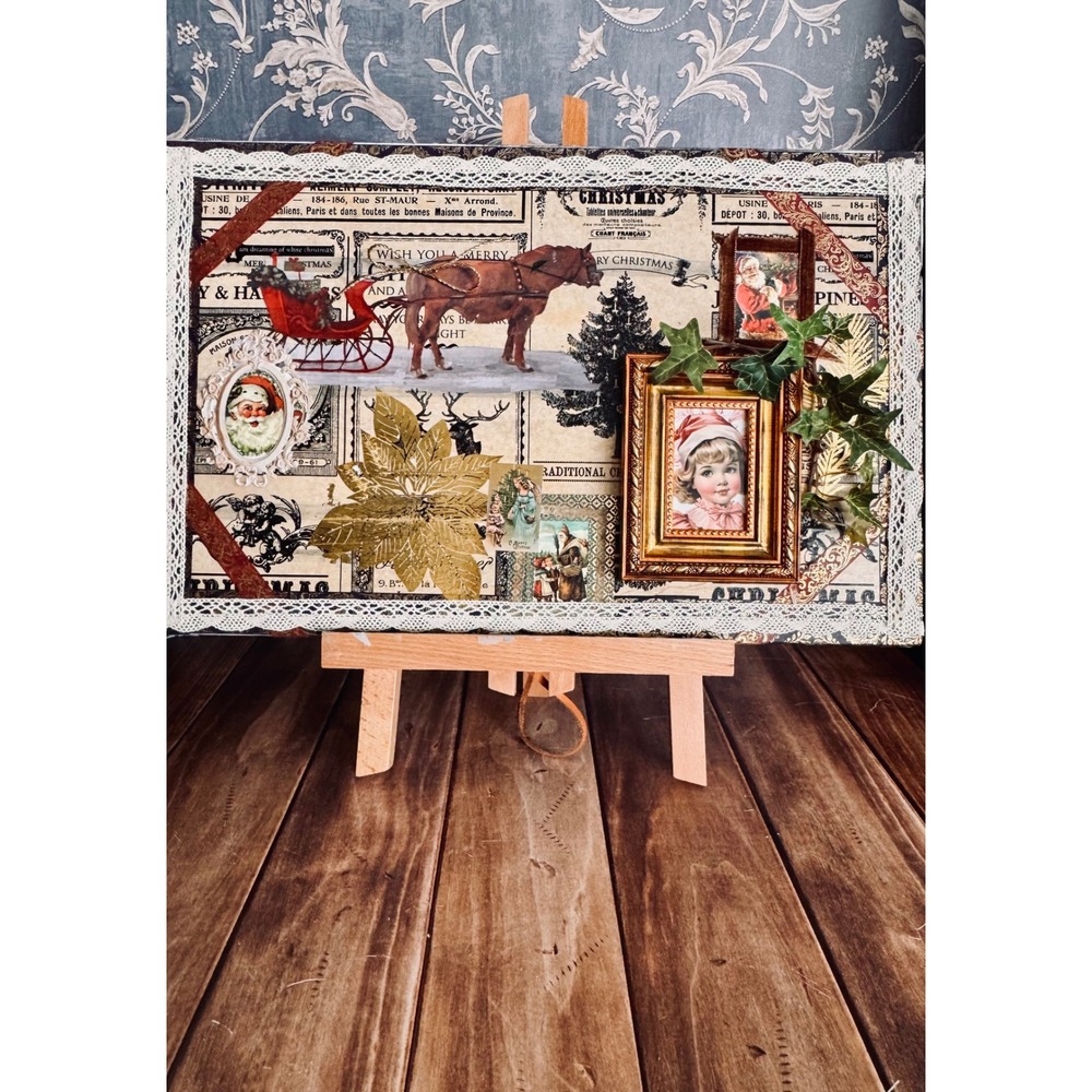 Victorian Christmas Mixed Media Collage Art Vintage Style Santa Sleigh 11x17